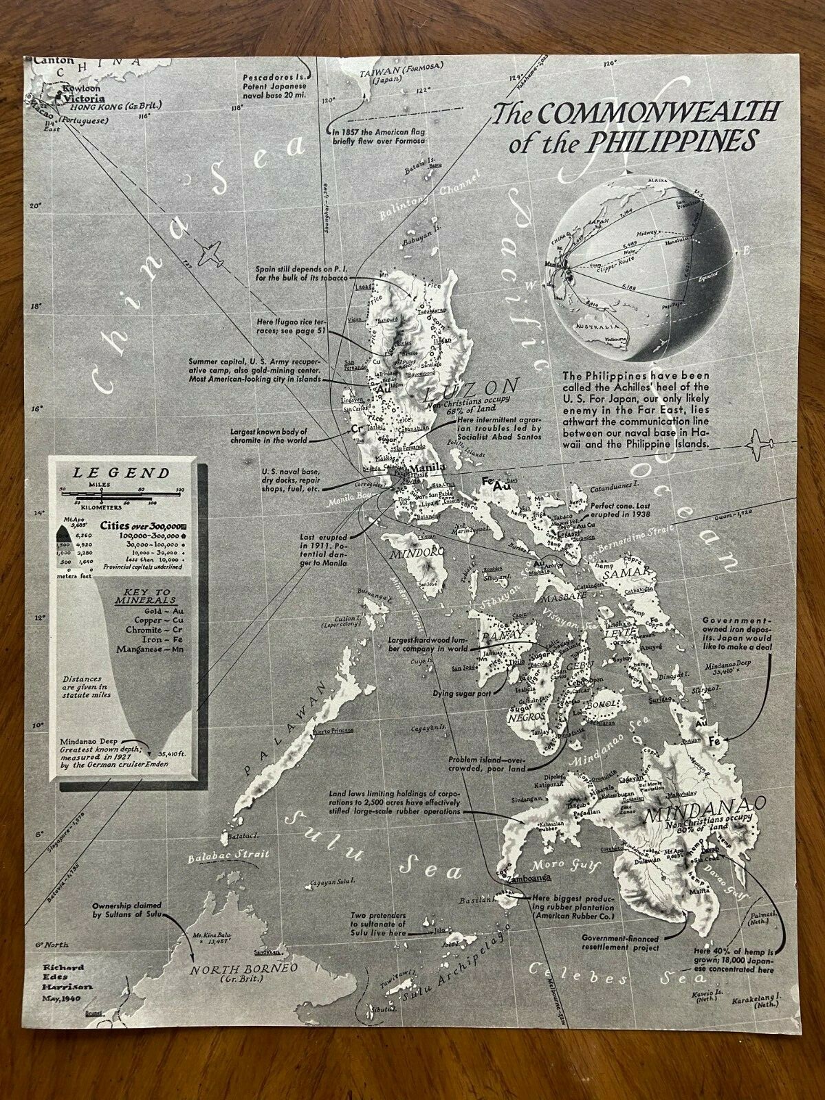 1940 Philippines Map Fortune Magazine Pre-war Strategic Information