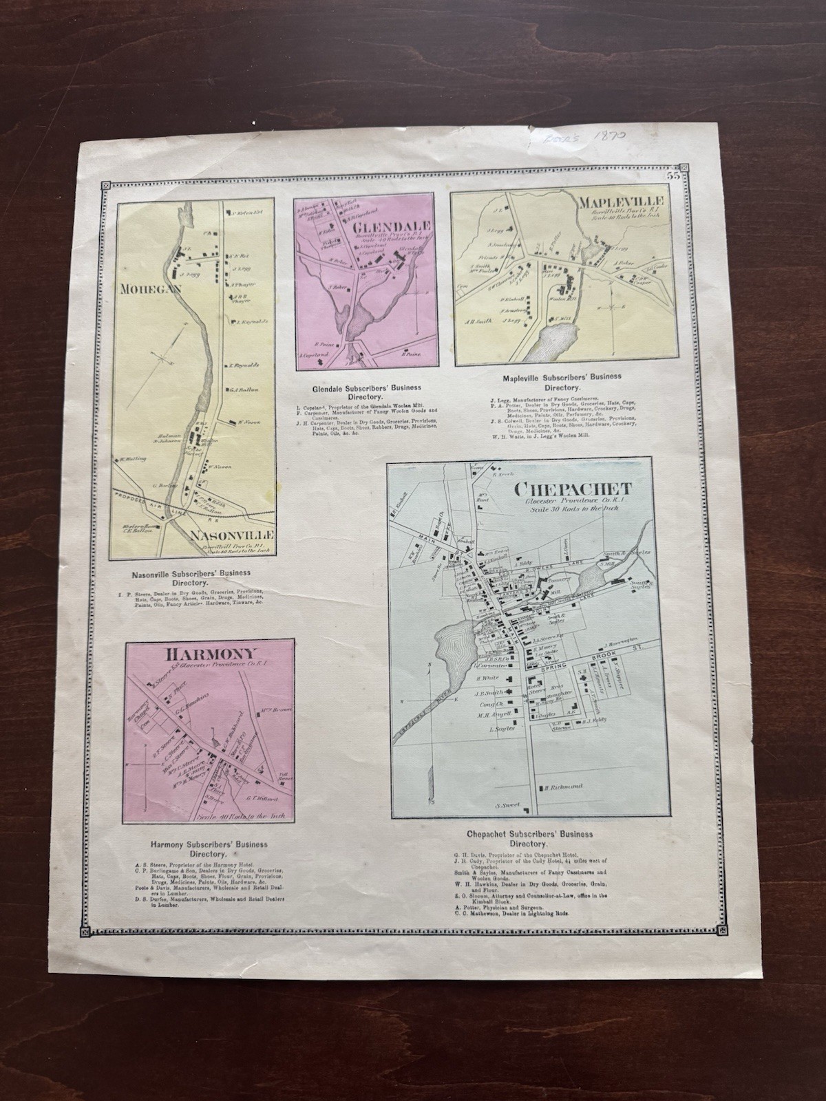 Original 1870 Beers Atlas Map Chepachet Glendale Mohegan Harmony RI Rhode Island