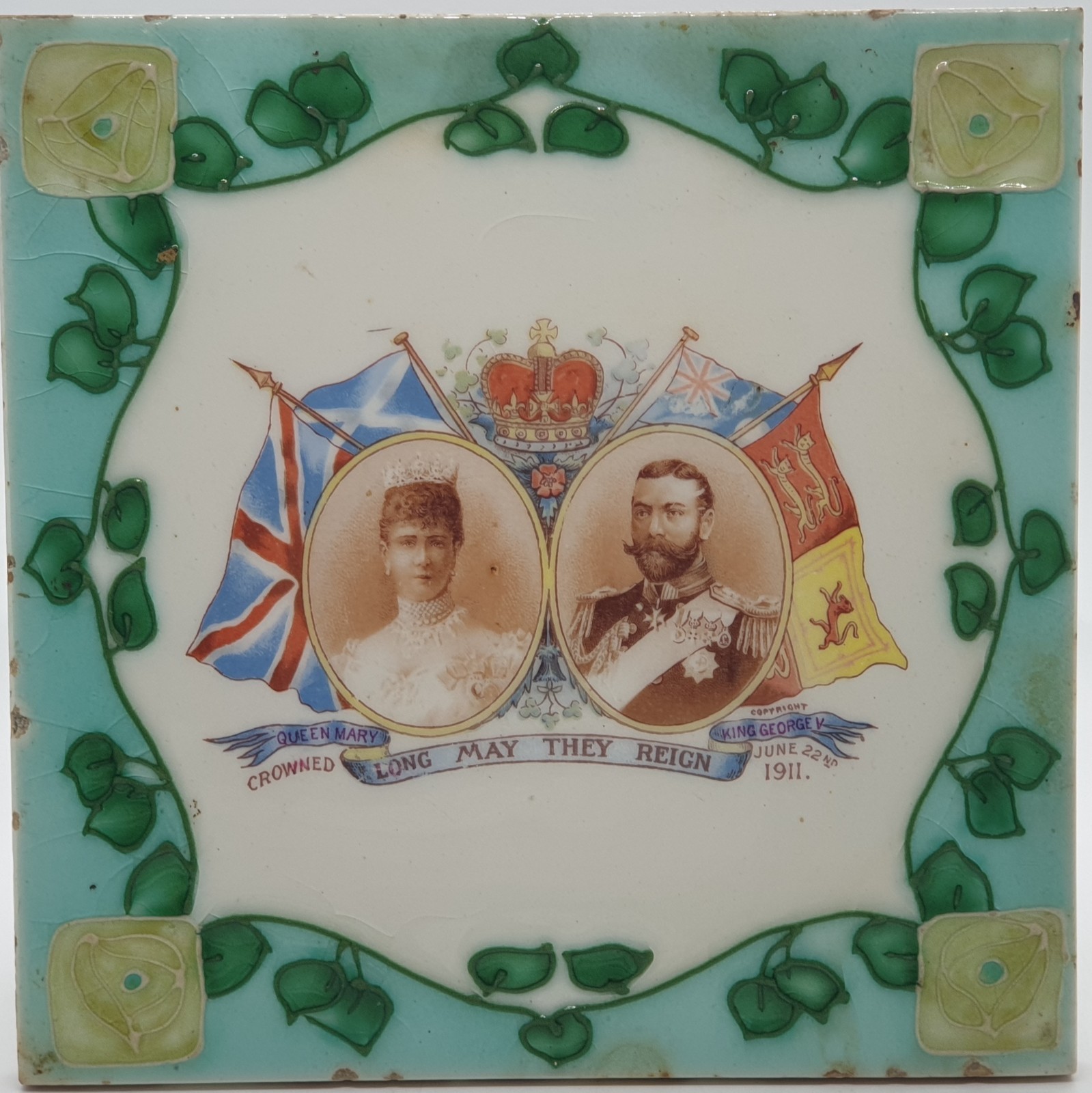 Antique Fireplace Tile Tubelined George V Coronation Henry Richards C1911