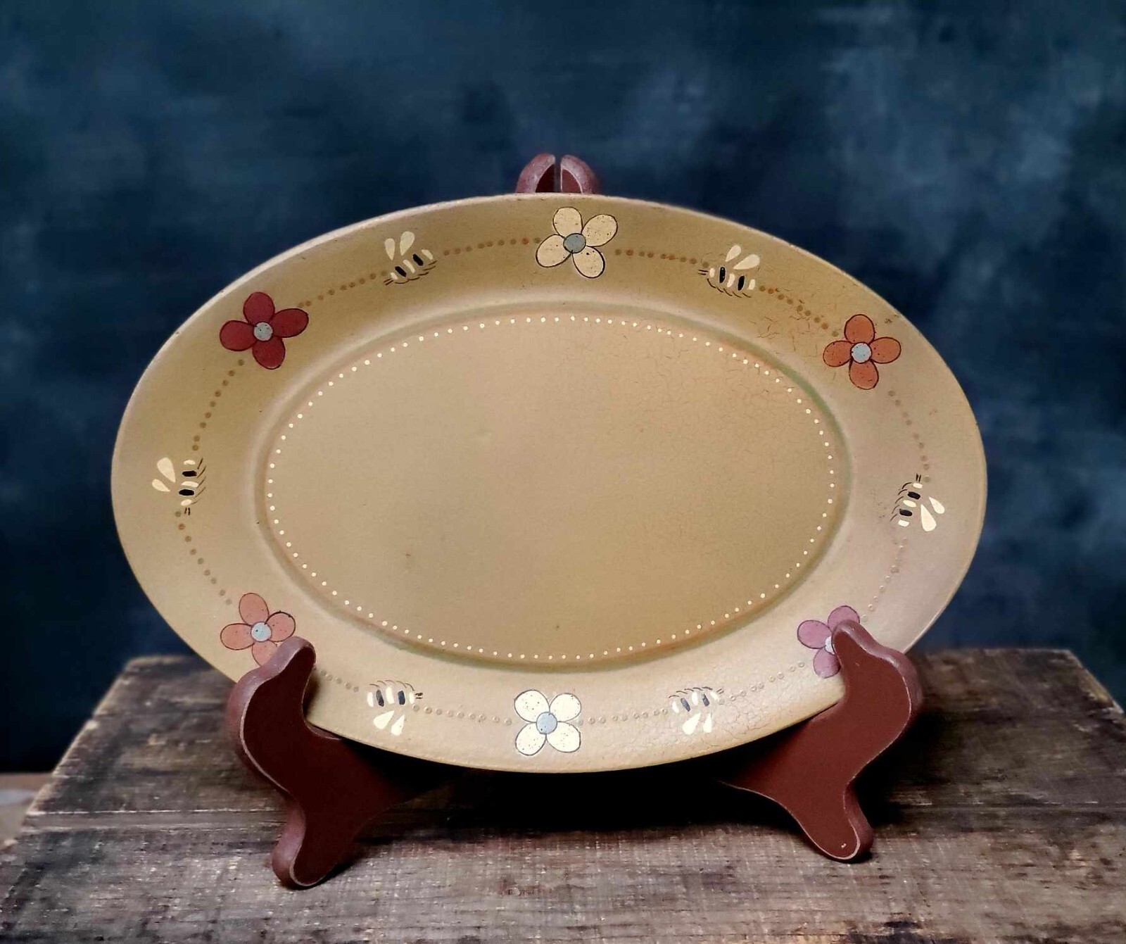 Primitive Decor Decorative Tray Bees & Flowers Mustard Crackle Oval Plate