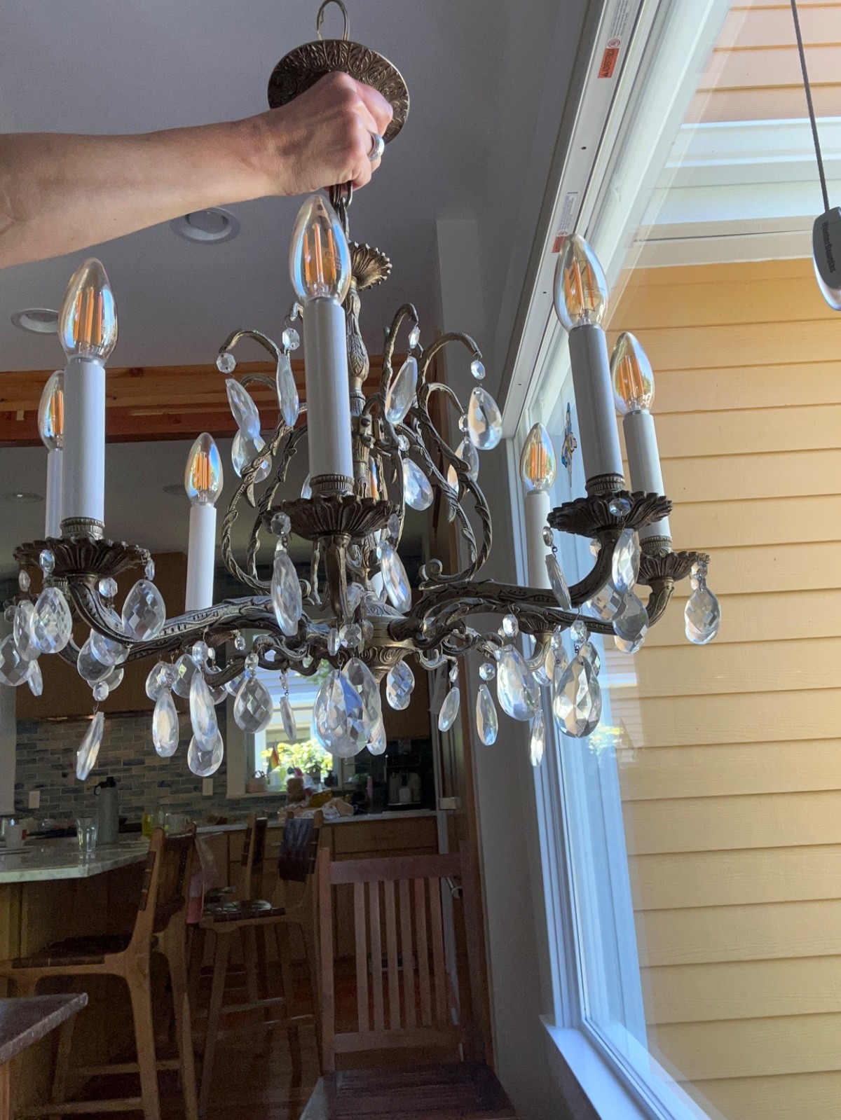 Vintage Antique Spanish Brass 8 Arm Crystal Chandelier Dark Patina 1930s 1940s