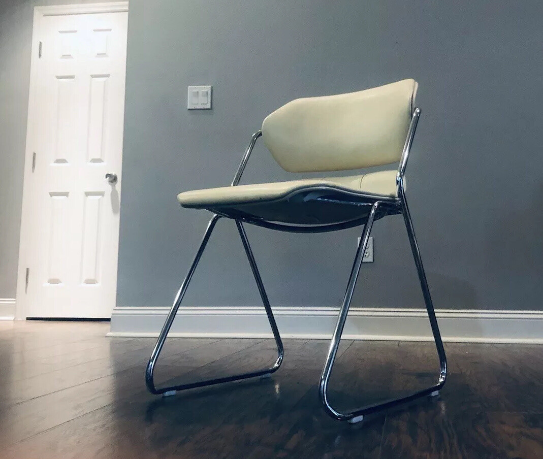 Vintage MCM Action Stacker Chair Tubular Steel Retro Cream Armless