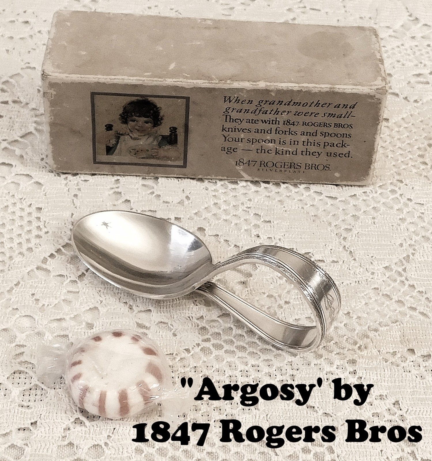 Argosy (1926) ~ loop Baby Spoon (3½”) in Gift Box ~ 1847 Rogers Bros Silverplate