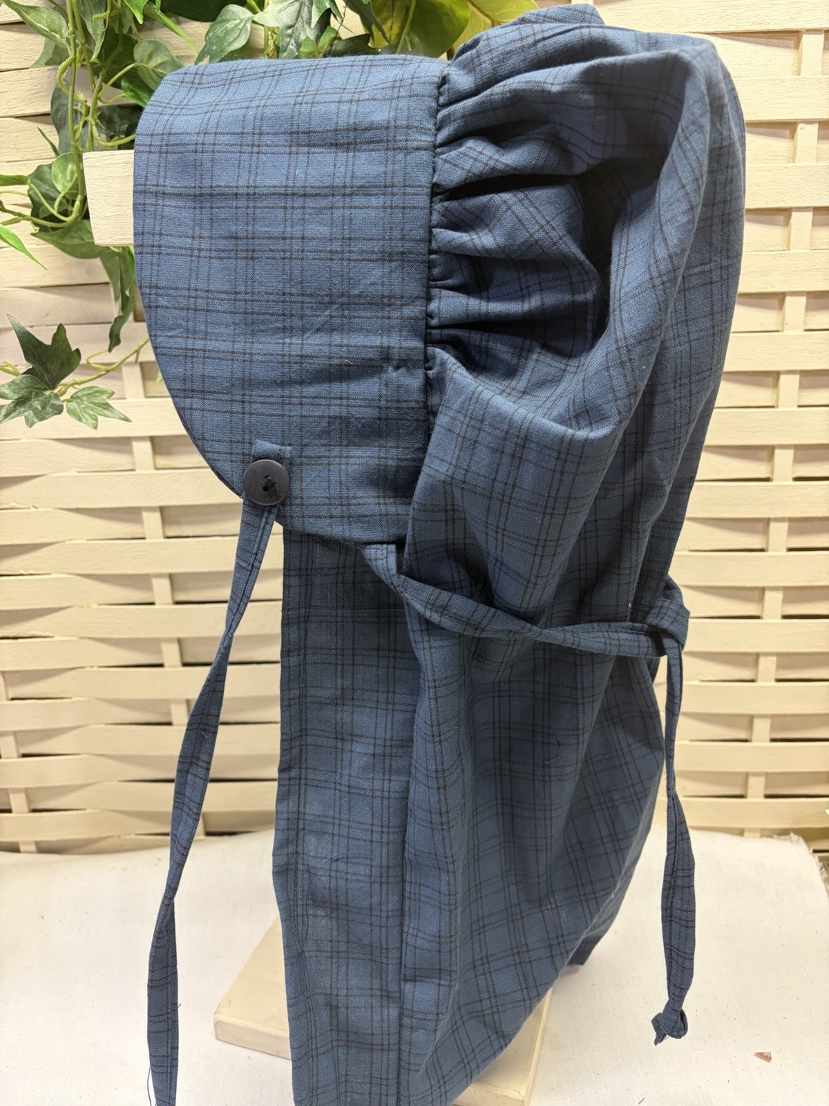 tea stained primitive Bonnet Homestead Homespun Dark Blue Plaid