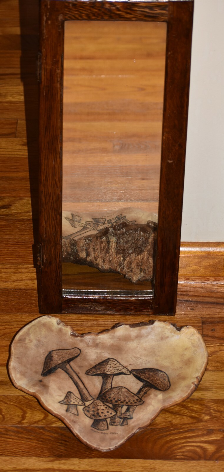 Antique Mirrors Oak Repurposed Art with Conk/Toad Stool Mushroom Art Shelves Set