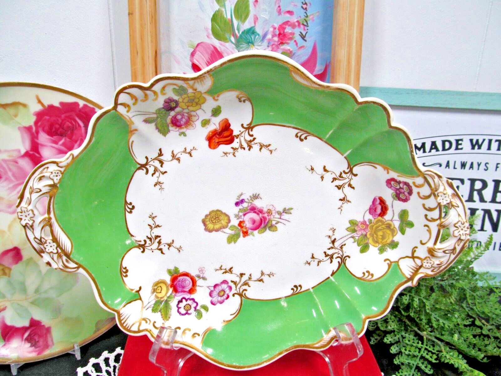 1 ANTIQUE English porcelain 1850s Ridgway painted cabinet tray painted rose