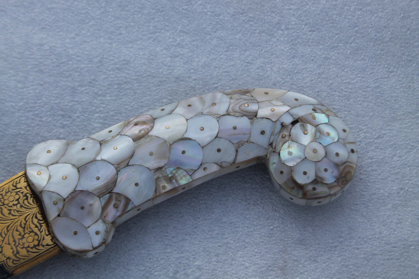 old vintage mother of pearl pistol grip handle gold damascened wootz steel blade