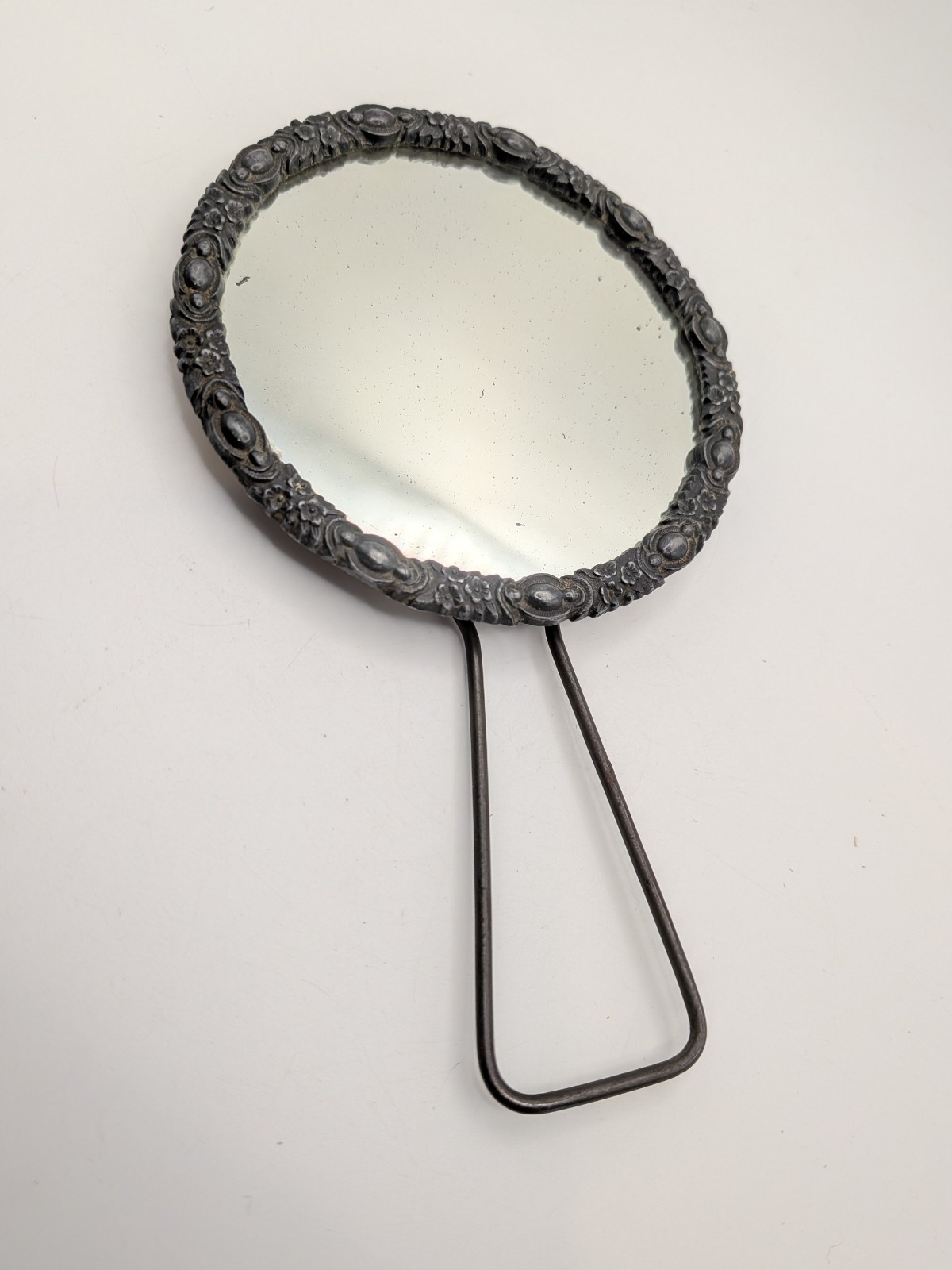 Antique Victorian Cast Iron Travel Shaving Mirror Round Rose Floral Black Gold