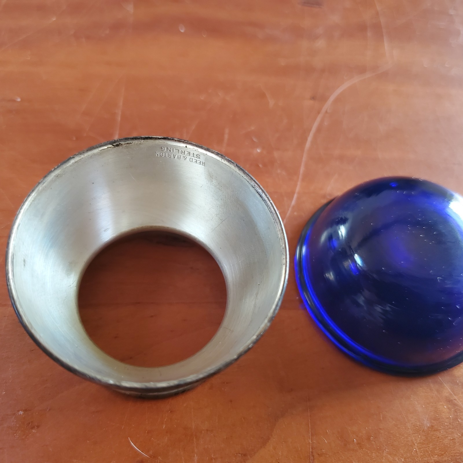 Antique STERLING Reed & Barton Salt Cellar Cobalt Blue Glass Liner