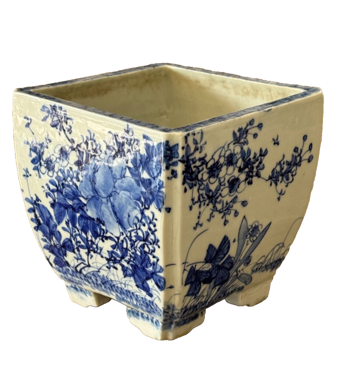 Finely Chinese Square Blue and White Porcelain Calligraphy Flower Pot Planter