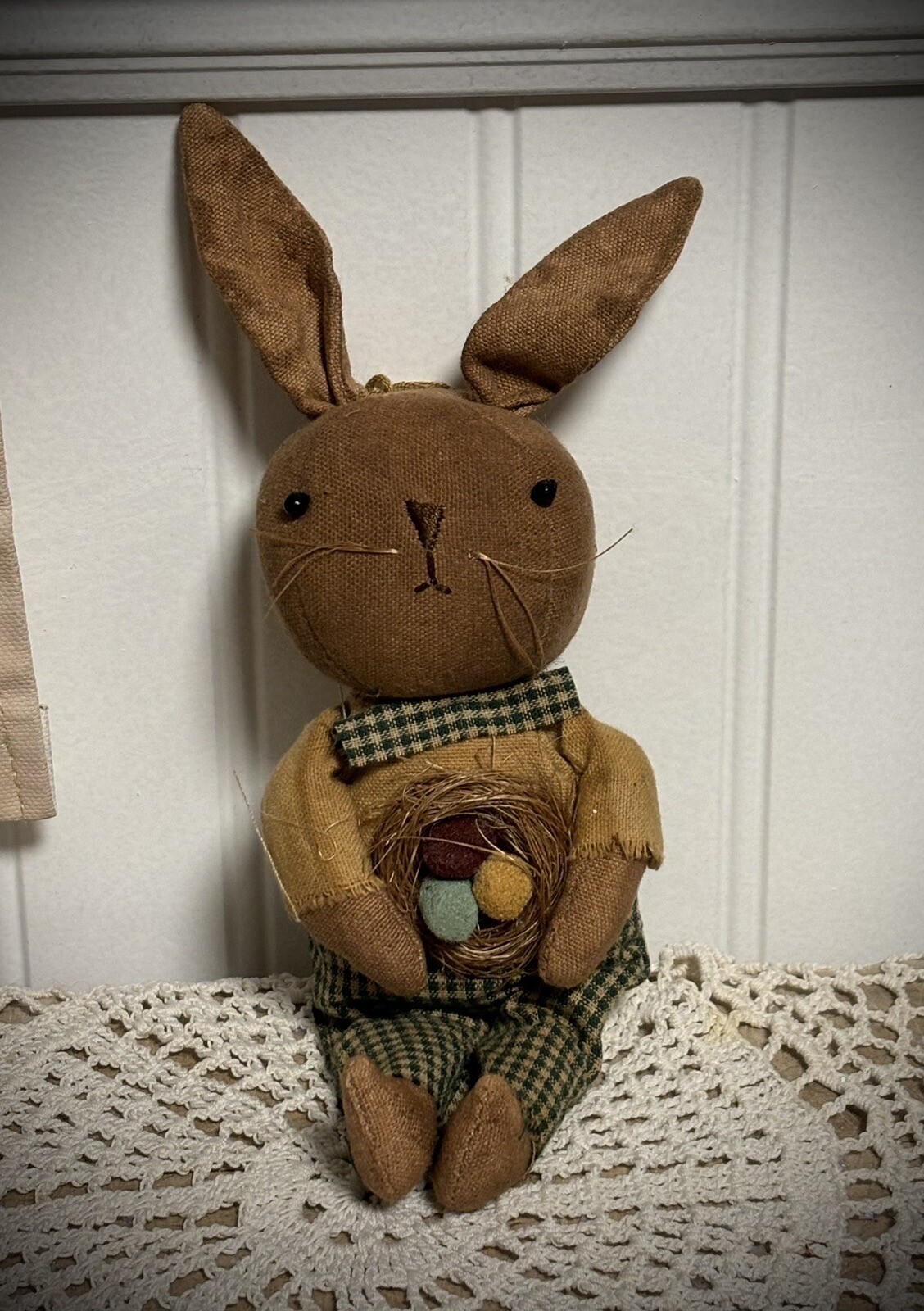 Sweet Grubby Primitive Rustic Country Gingham Baby Easter Bunny w Eggs Doll 9″