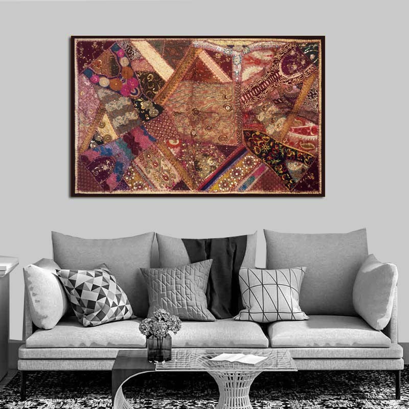 60″ STUNNING INDIA ART ETHNIC DÉCOR SARI BEADS SEQUIN LACE WALL HANGING TAPESTRY