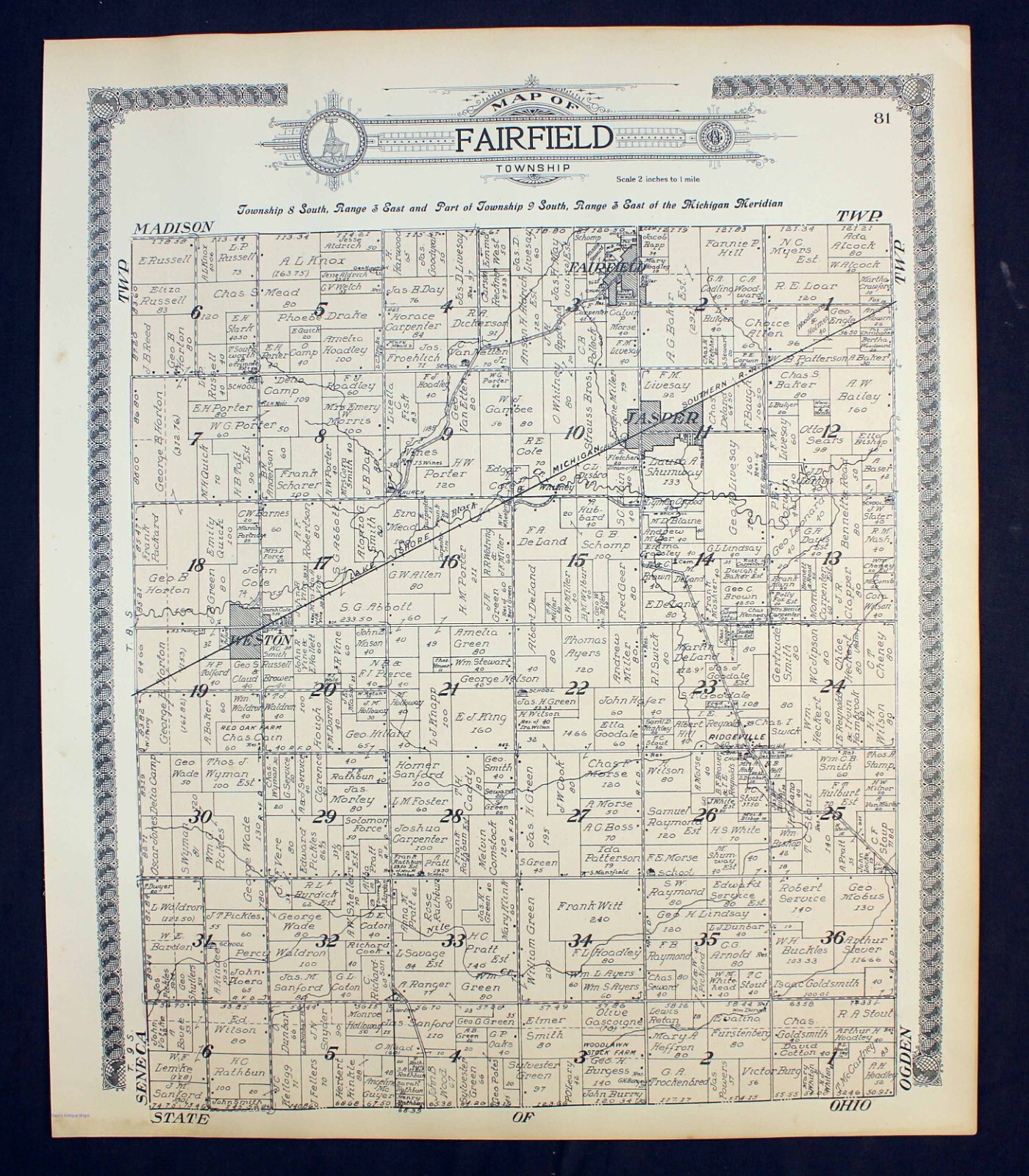 1916 Plat Map Fairfield Township Lenawee County Michigan Weston Jasper