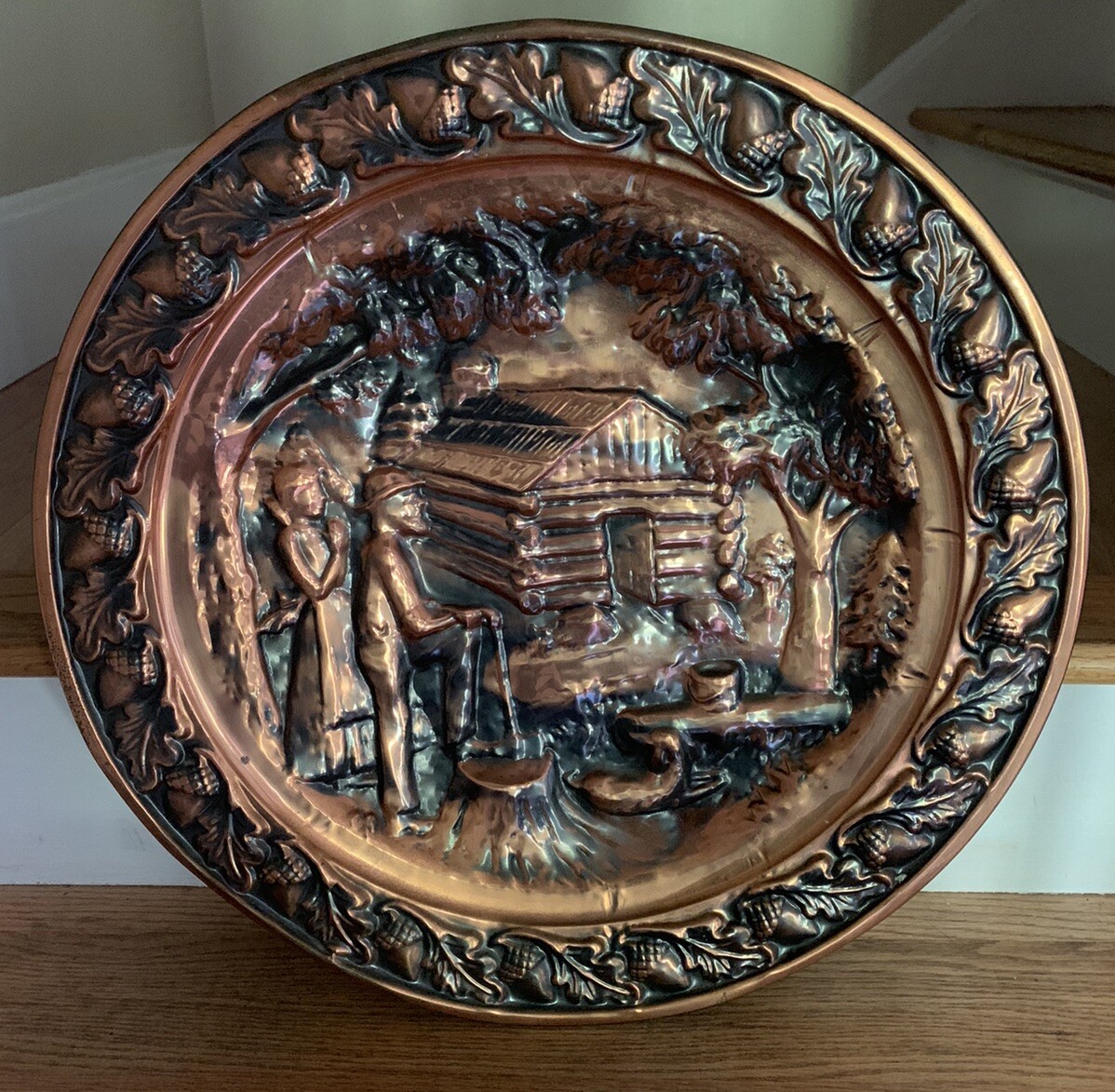 VTG Large 19 3/4” D Wall Decor 3-D Plate with Embossed Lumberjacks Forest Scene