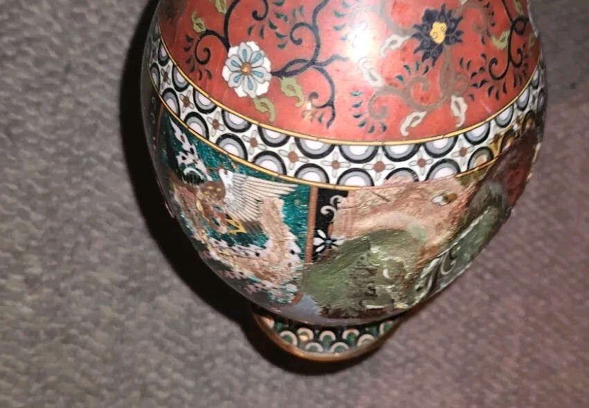 Vintage Old Cloisonne Enamel Flower Vase Bottle Has Damage As Is 13 Inch