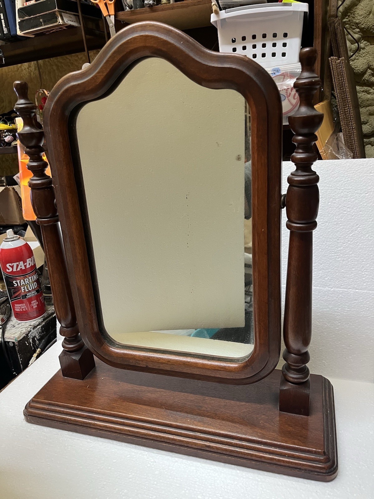 Antique Vtg Wood Vanity Shaving Stand Dresser Table Top Swivel Mirror 18×21”