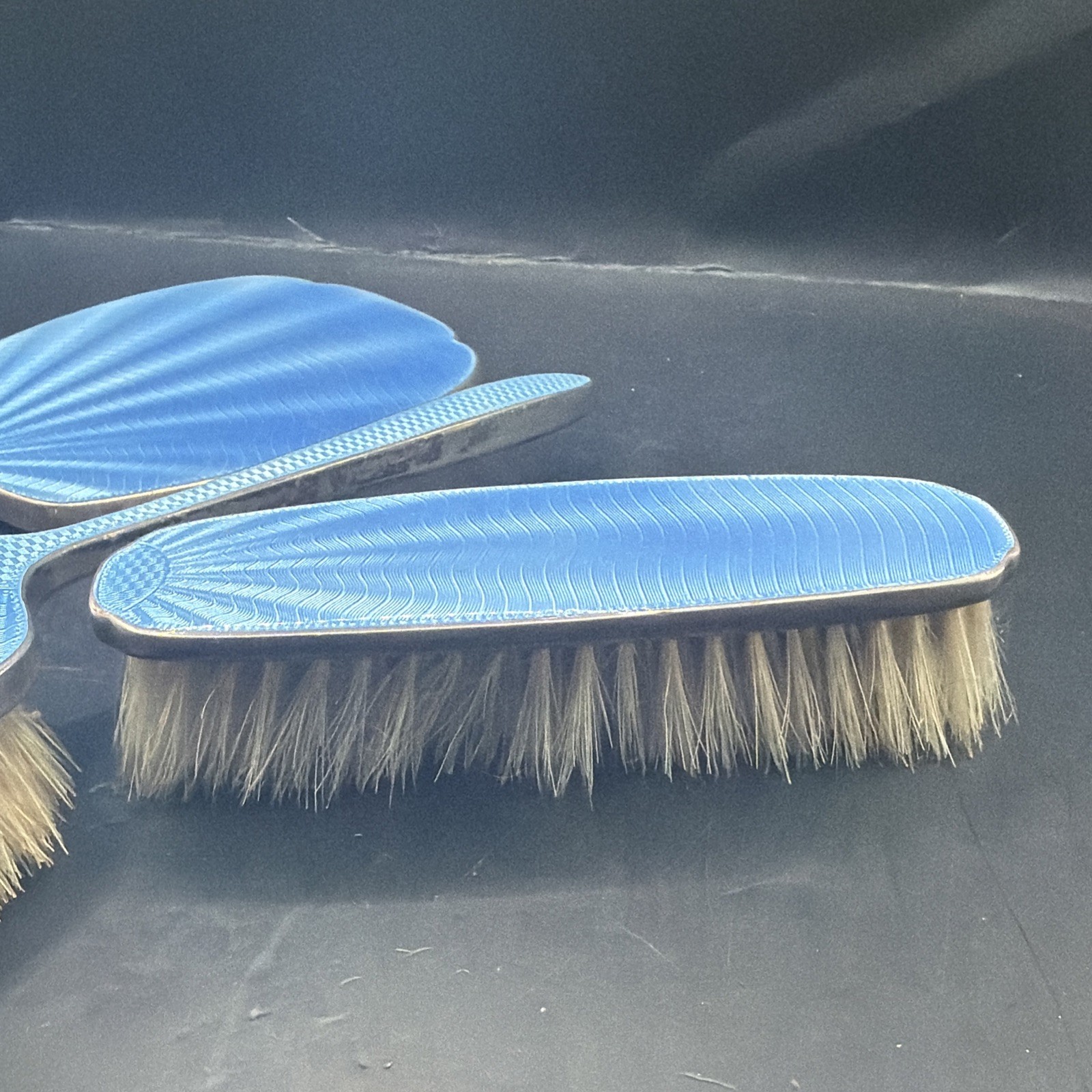 c.1900’s Sterling Silver Blue Guilloche Enamel Vanity Set Mirror Hair Brush 3pc
