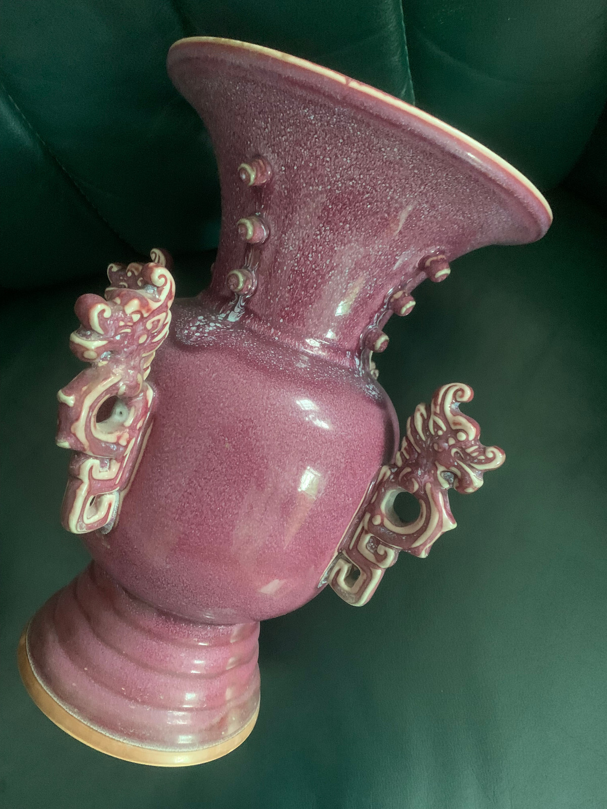 13.0″ Huge Chinese Purplish Red Glaze Porcelain Carved Hand Carved 4Dragons Vase