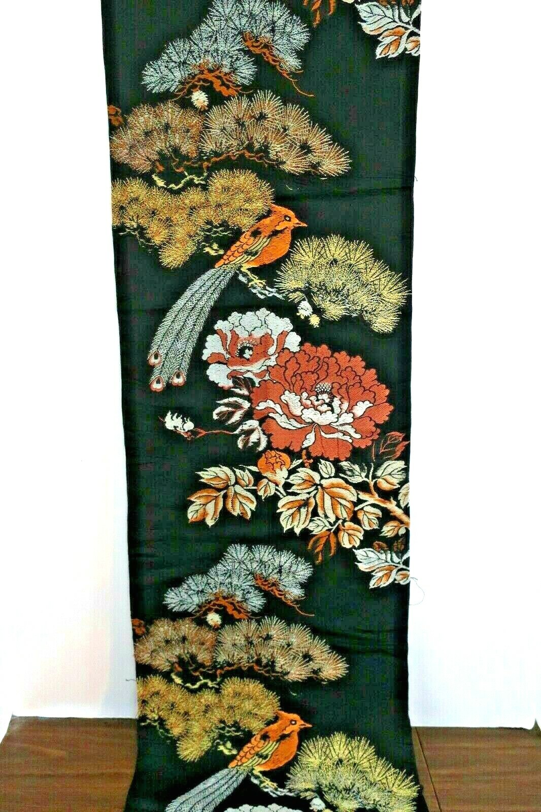 VTG BLACK OBI PANEL WITH BIRDS – 13 X 82.5 BLACK,GOLD,SILVER GREY, COPPER