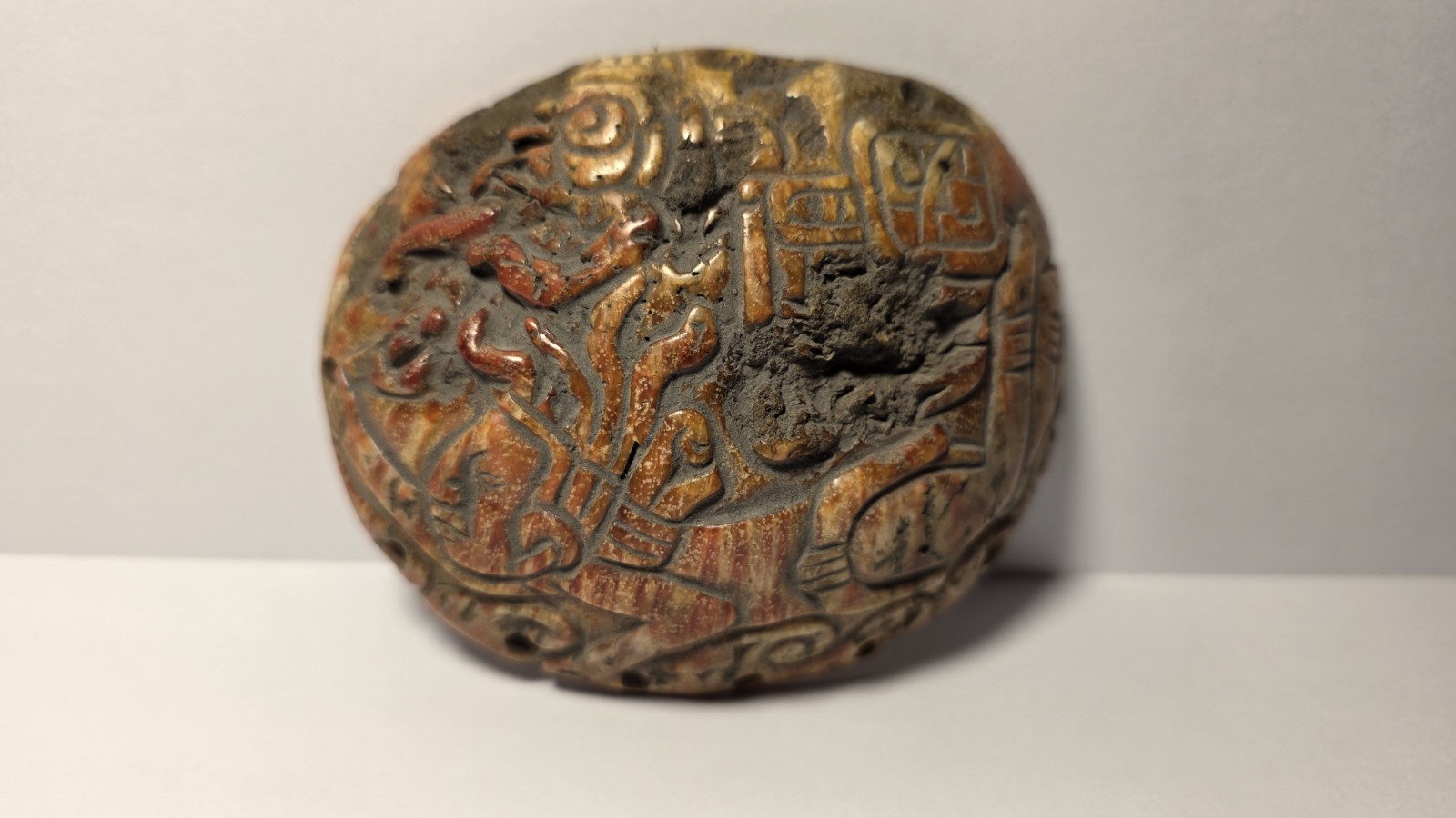 Precolumbian Mayan Spandylus Carved Chacc God And Glyphs Pendant 700AD – 1200AD