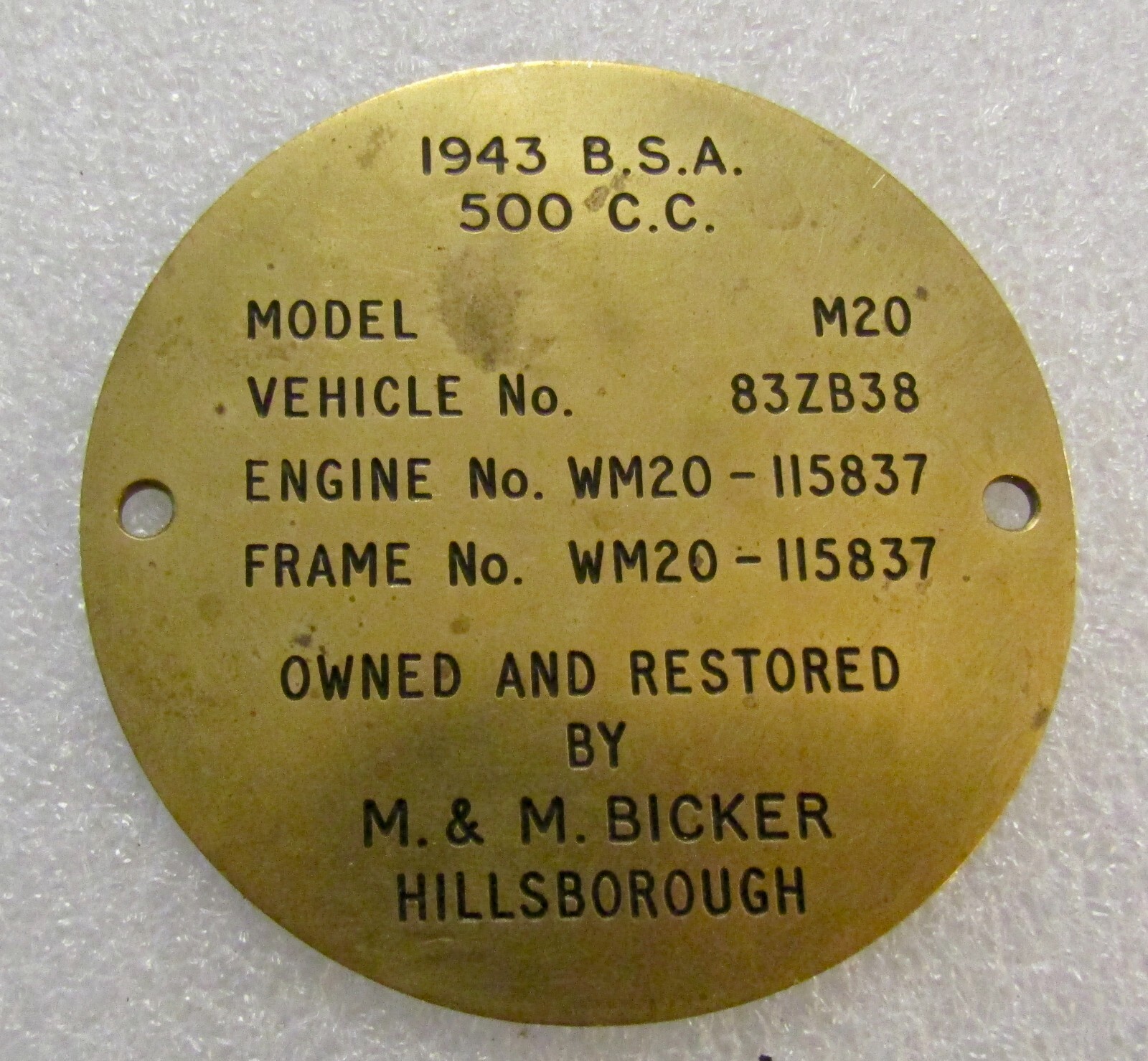 1943 BSA 500 CC MOTORBIKE – Brass Metal Sign / Plaque – Model M20 Restored