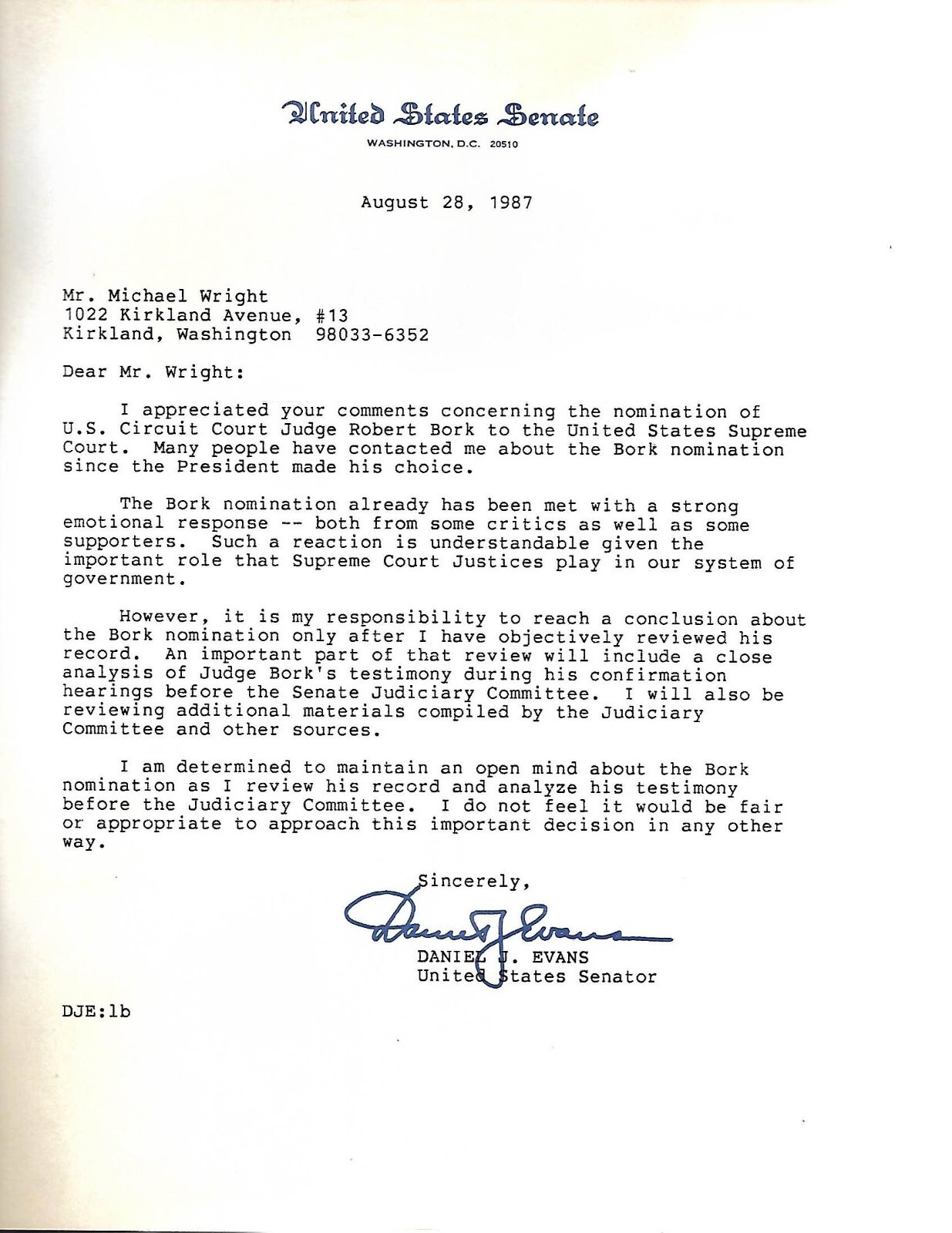 1987 Signed Typescript Letter Daniel J. Evans Washington Senator Supreme Court