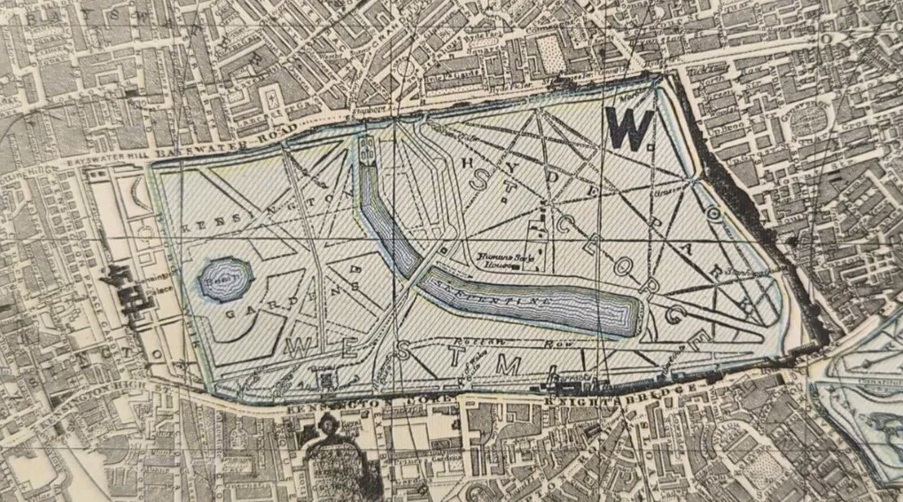 Vintage 1891 LONDON ENGLAND Map 22″x14″ Old Antique Original KENSINGTON GARDENS
