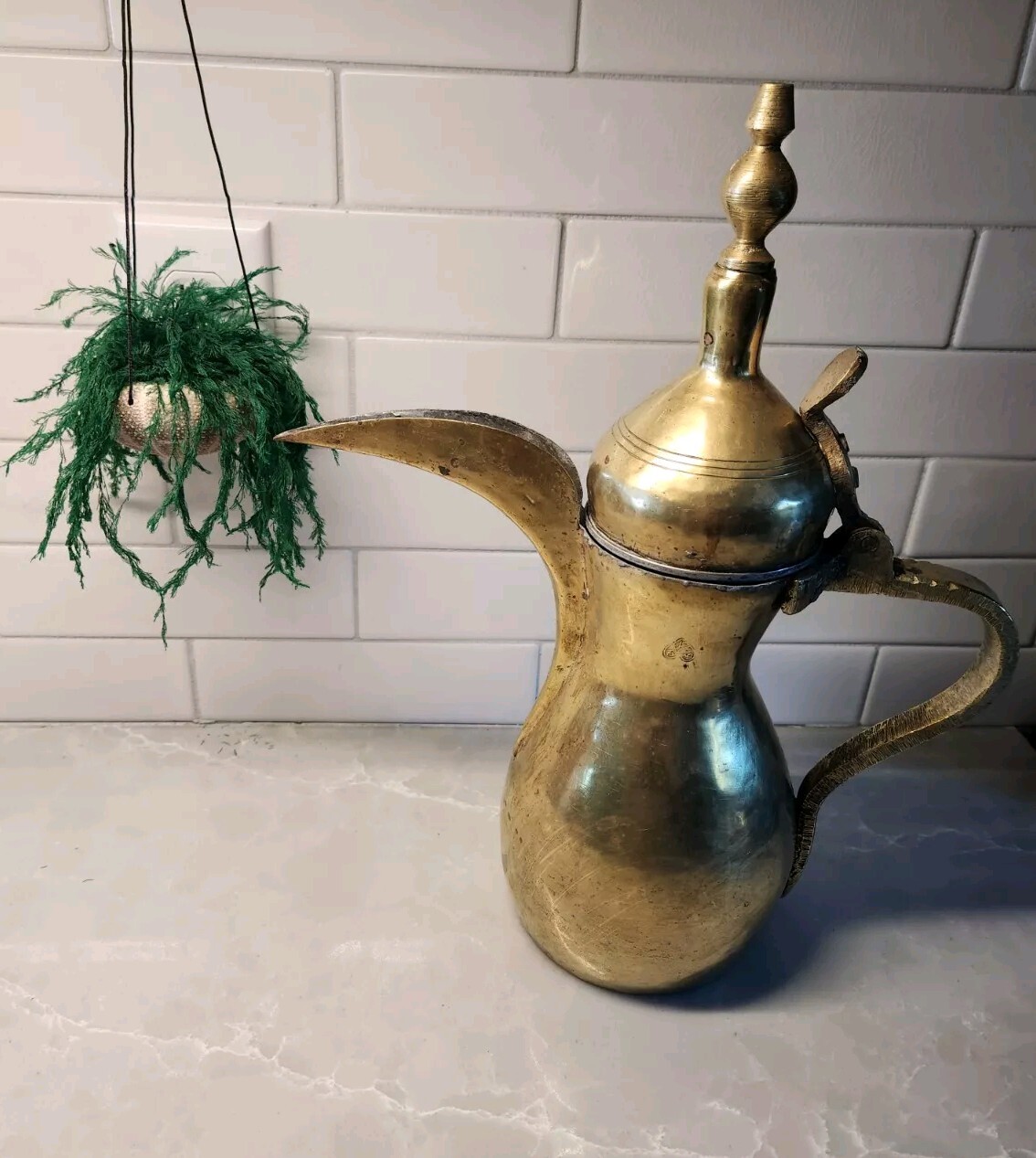 Vintage Antique Handmade Stamped Turkish Dallah Solid Brass Coffee Pot Pitcher