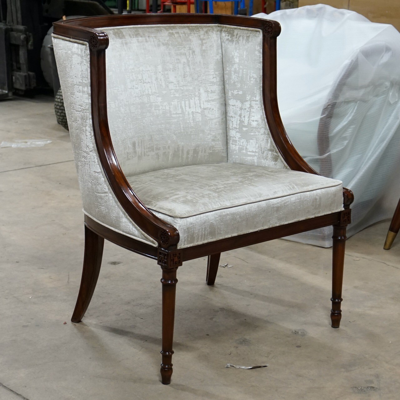 Pair of Tub Style Mahogany Carved Arm Lounge Chairs Silver White Fabric