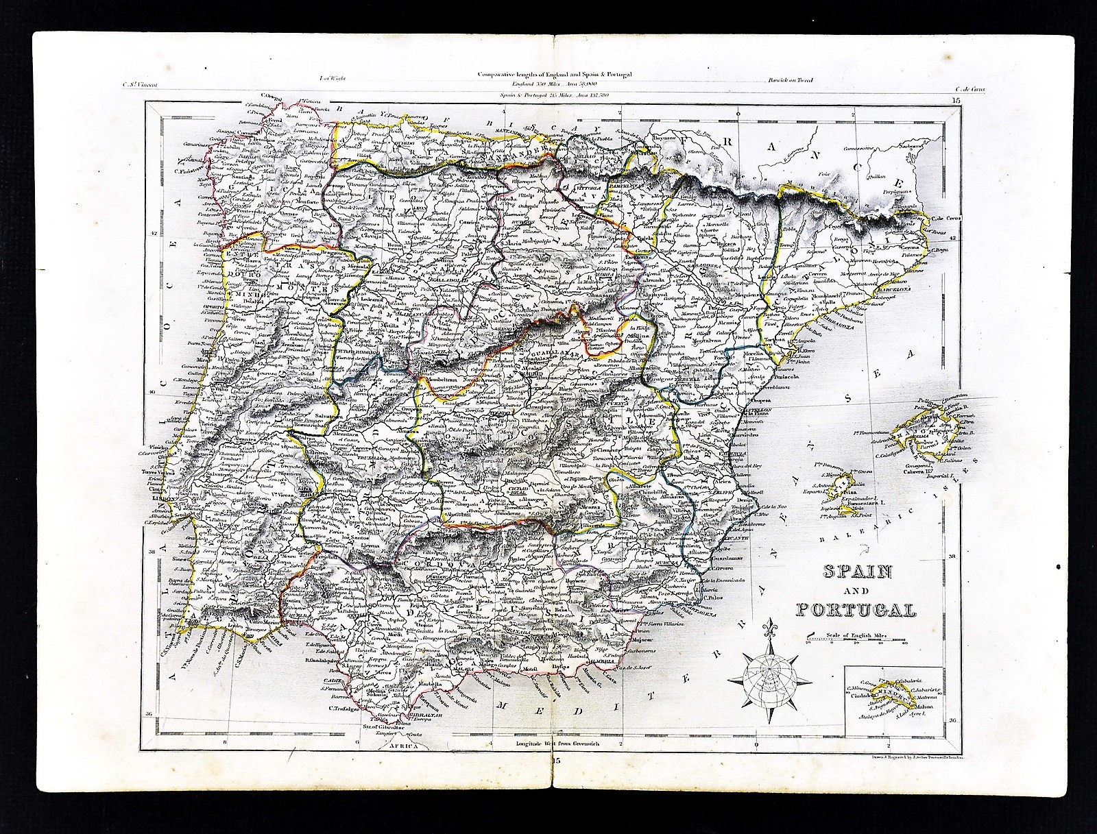 c 1849 Archer Map – Spain Portugal Madrid Lisboa Barcelona Catalonia Gibralter
