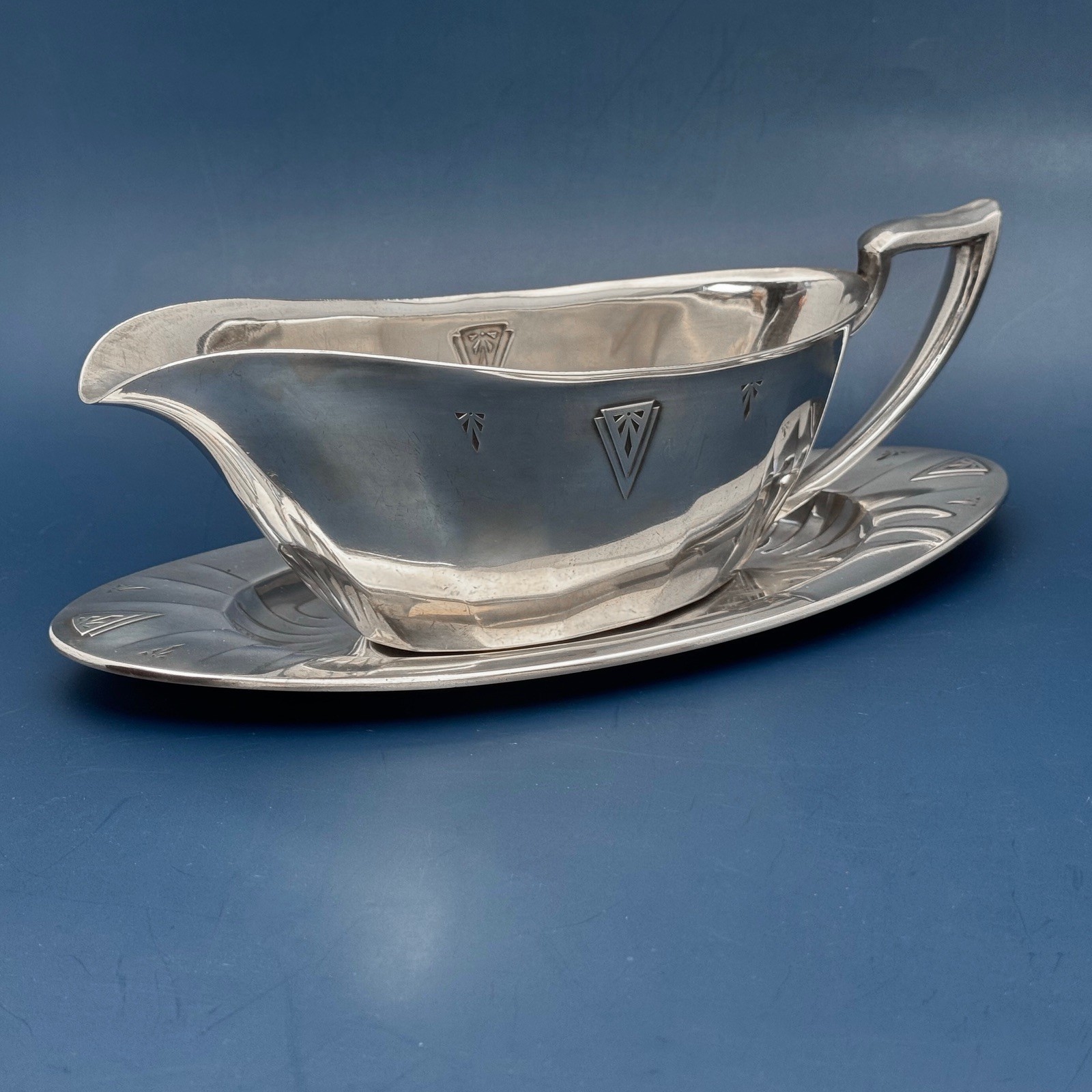 Deauville by Community, Silverplate Art Deco Gravy Boat with Underplate Mono “W”