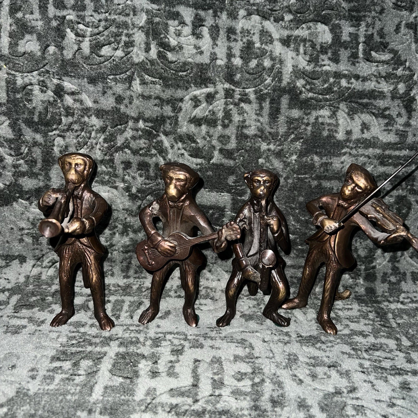 Set Of 4 Antique HAND CAST BRASS Bronze METAL MONKEY FIGURE MUSICIANs