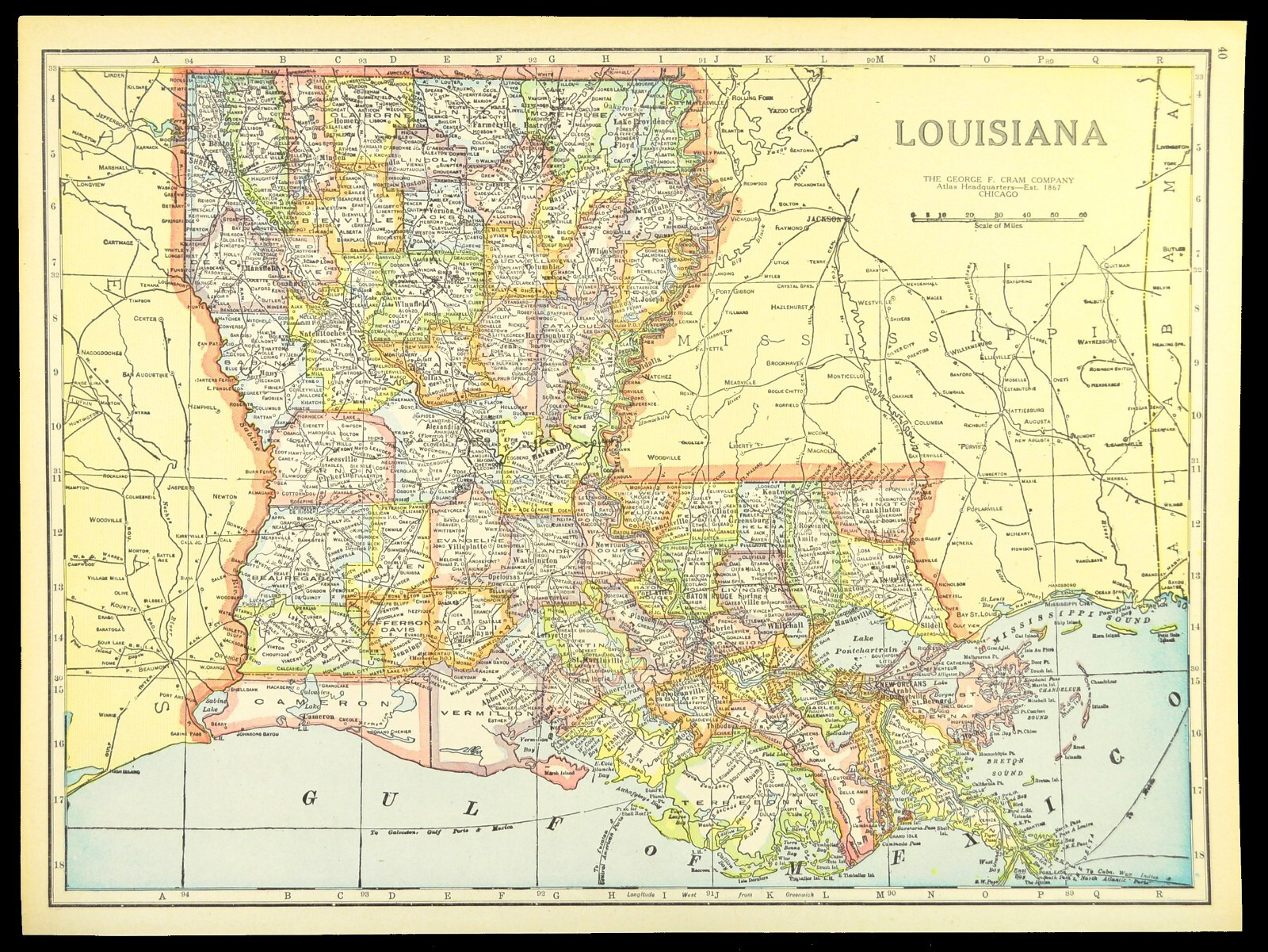 Vintage LOUISIANA Map Wall Art Original Lake Pontchartrain New Orleans Antique