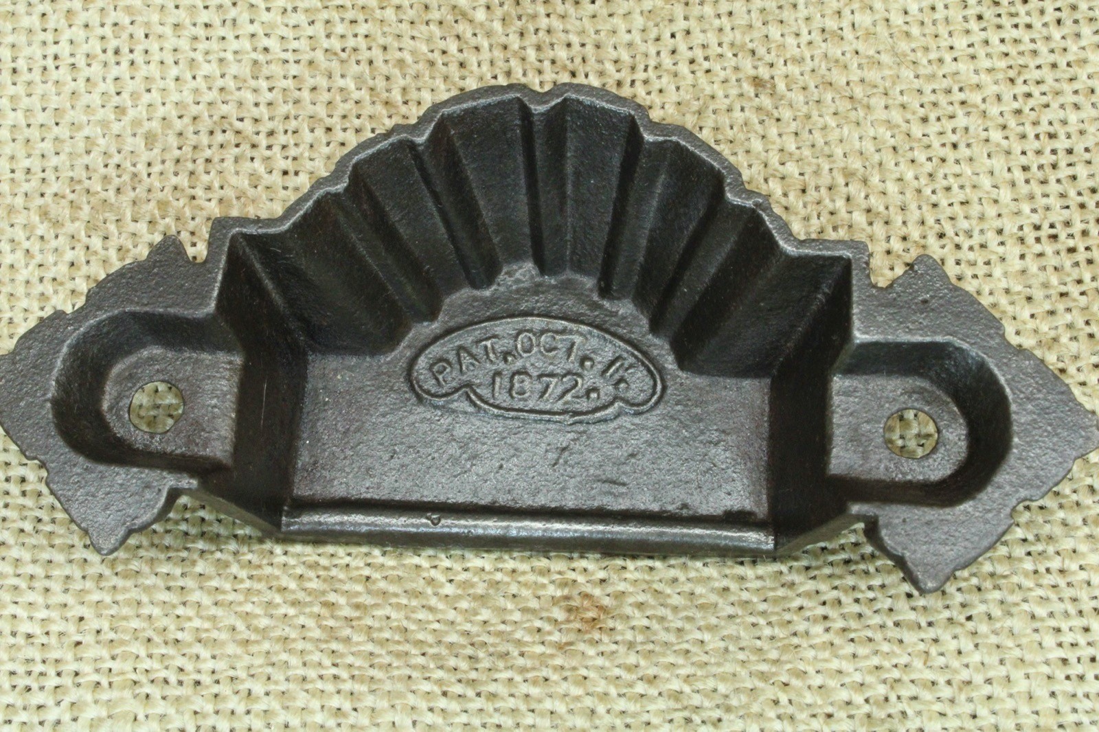 Old Bin Drawer Pull Door Handle 4” Vintage 1872 Patent Nice! Fan Scroll