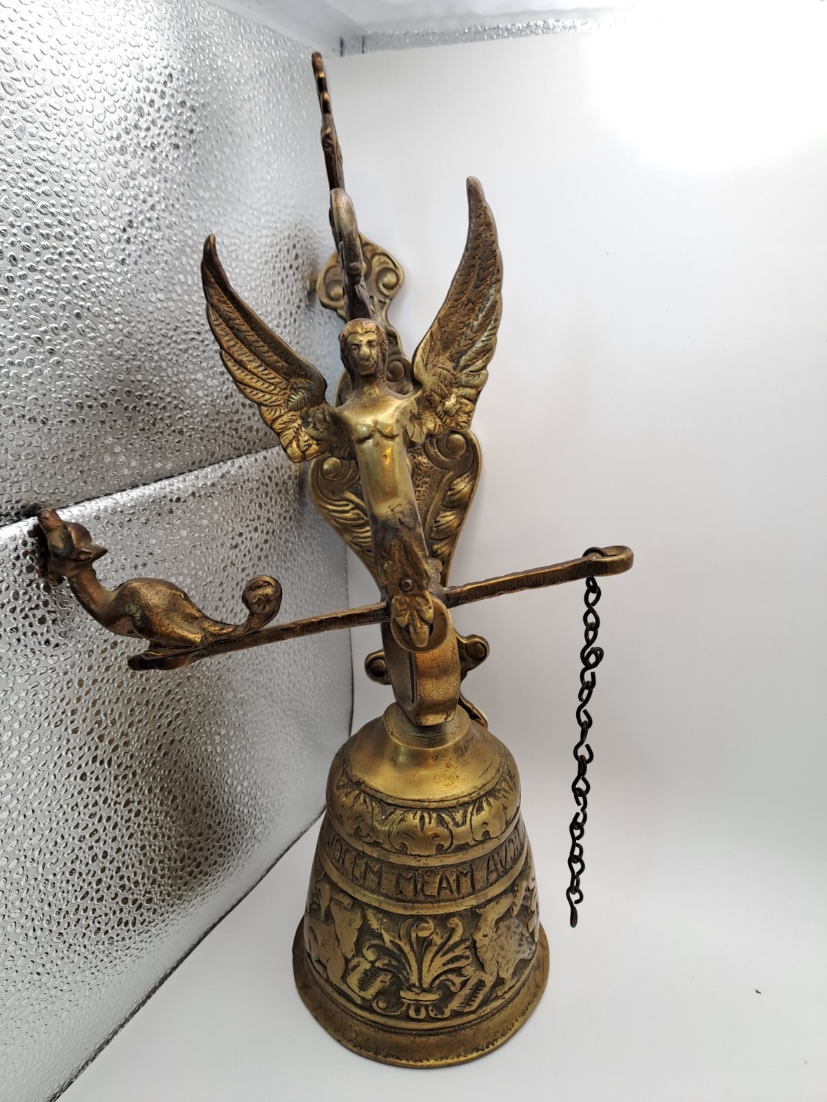 Antique Belgian Bronze Monastery Wall Bell Angel Gothic Latin Inscription c1900