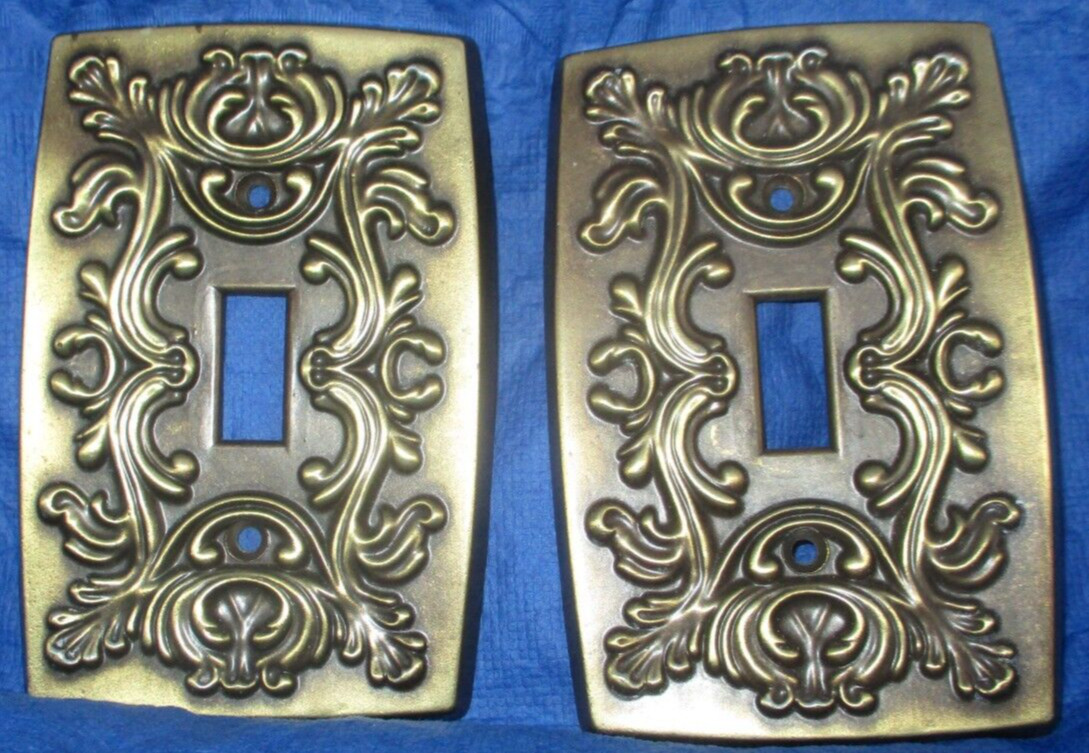 2 Black/Brass Toned embossed Single Switch Plate Covers HALL & MACK GC