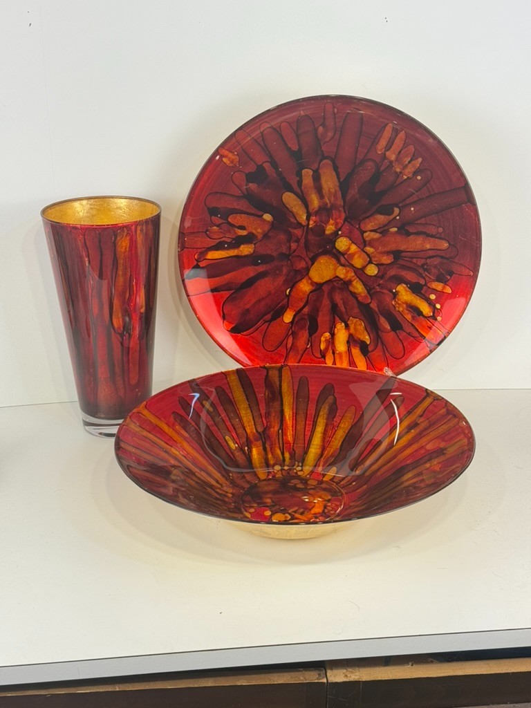 Mid-Century Italian Art Glass Charger, Vase & Bowl – Ruby Red & Gold – Raymor