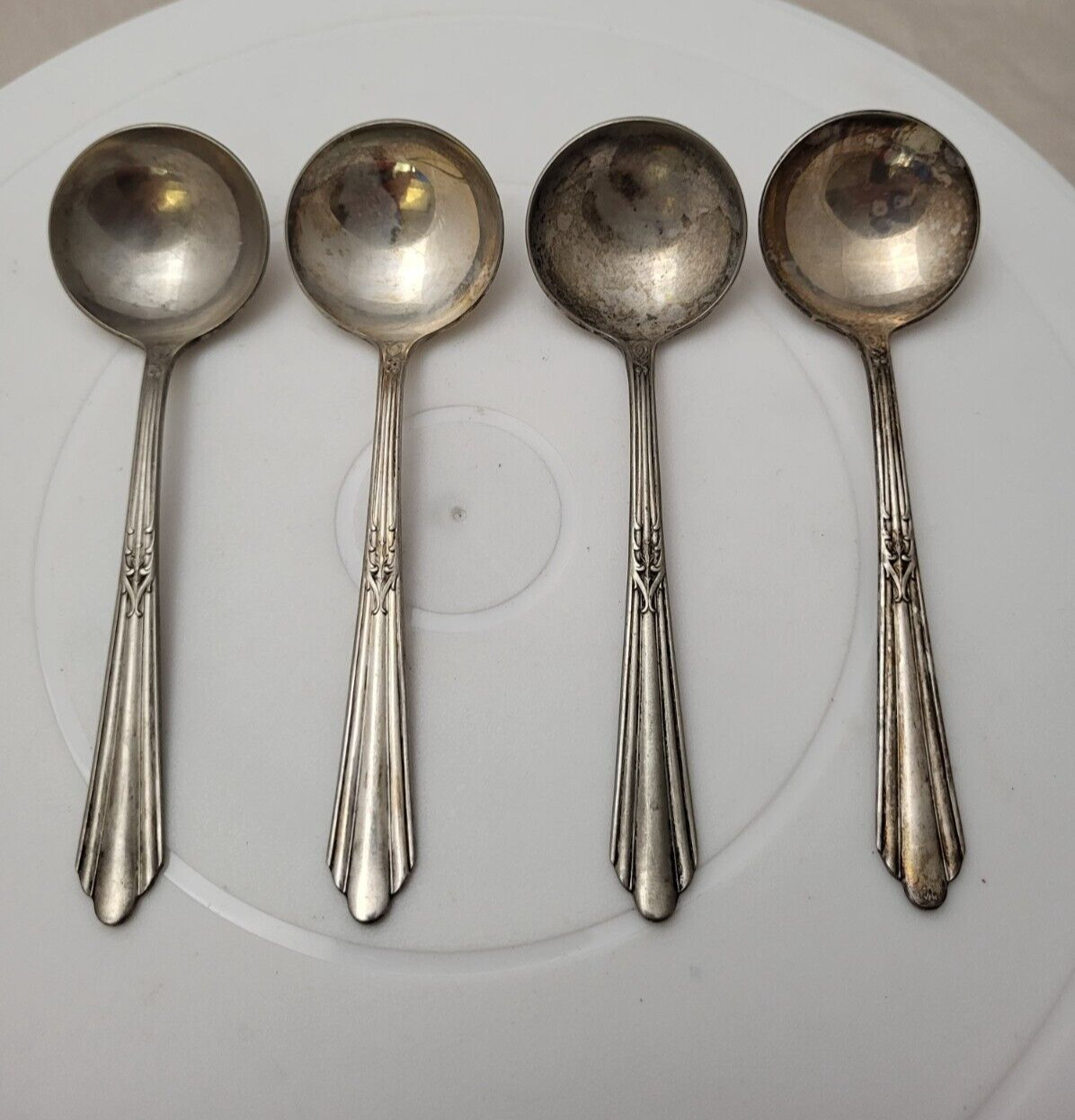 4 Caroline Silverplate Cream Soup Spoons Round Flatware 5in”