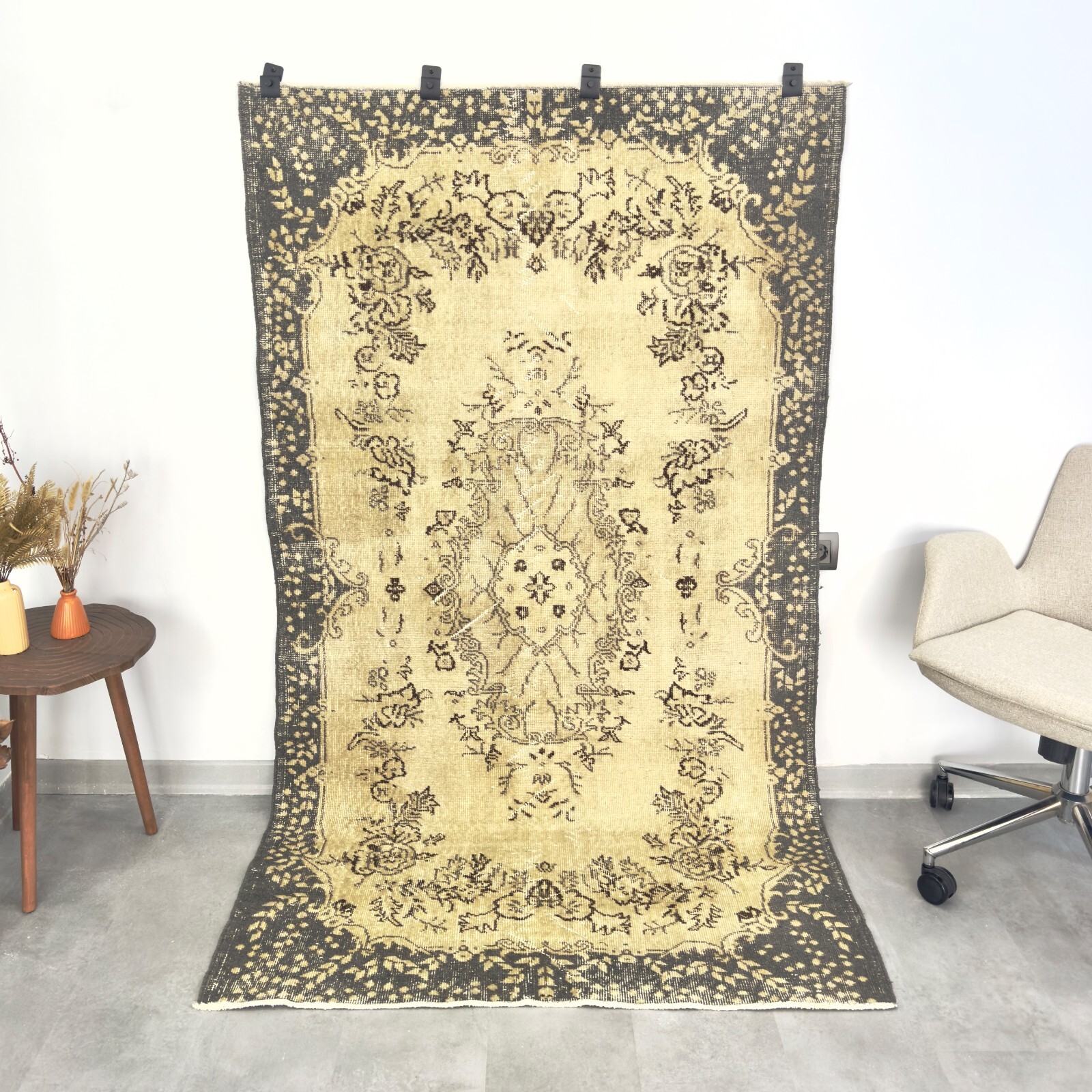 4×7 Beige Oushak Rug, Handwoven Vintage Rug, Turkish Rug, Handmade Wool Area Rug