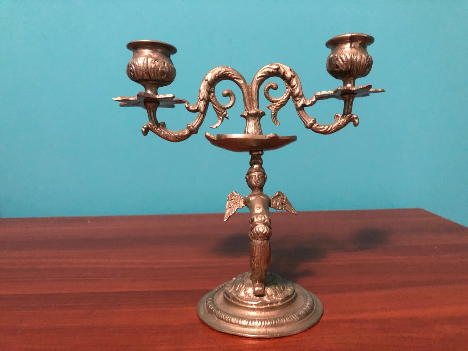 Antique/Old Vnt Victorian Style Silver Metal Angel Candle Holder Holds 2 Candles