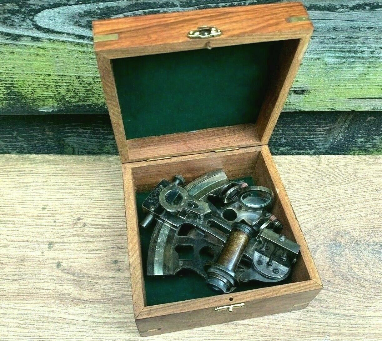 Antique Brass Pocket Sextant Navigation Nautical Marine Vintage Wooden Box