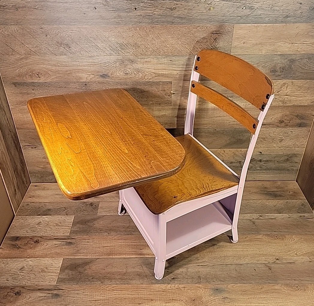 Antique Irwin School Desk Restored Metal Cubby Wood Finished