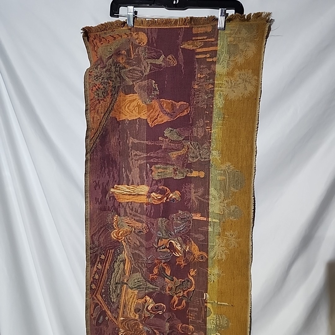 Tapestry Bazaar Scene, Possibly Middle East – 20x56in, Vintage Textile