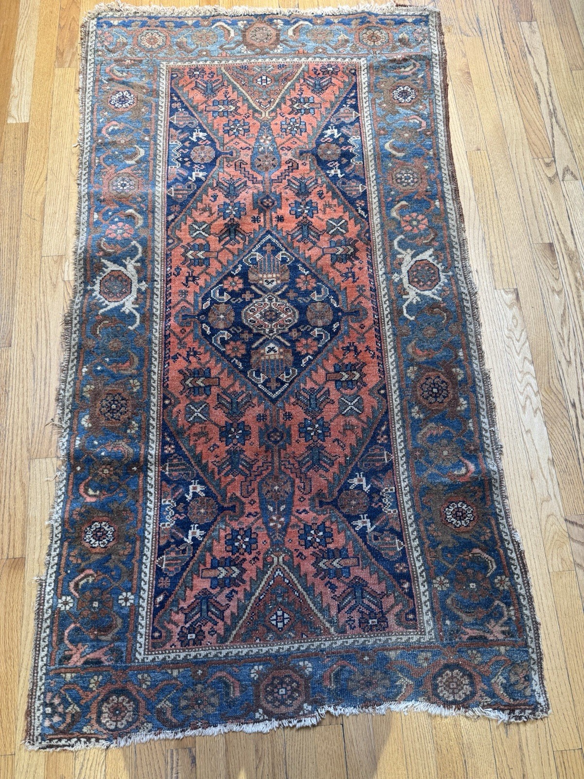 Antique Handmade Lilihan Carpet veggie dye C.1920 Rare Orange Backround 5’11X3’1