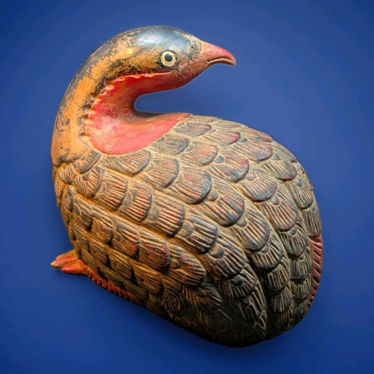 Antique Japanese Carved Folk Art Quail Red Beak Solid Log 7lb 8oz Meiji Era