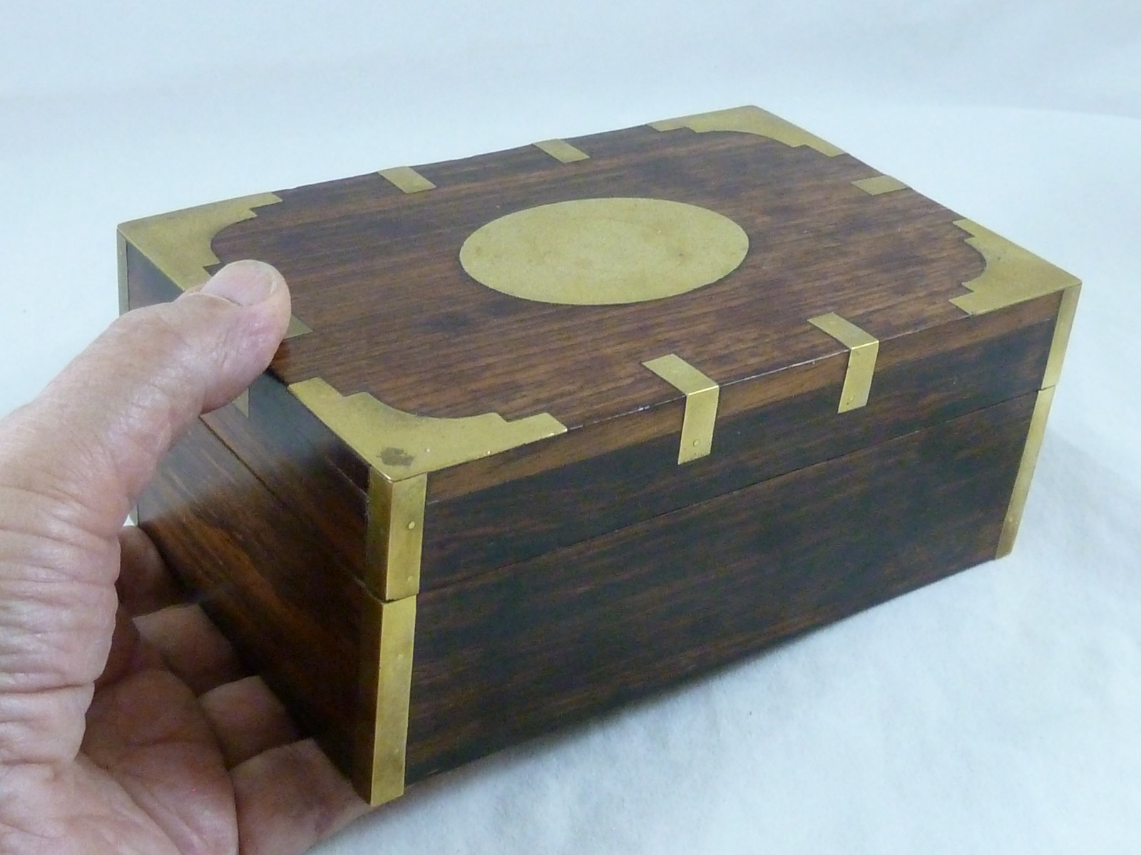 Brass Bound Hardwood Box Strap Mounted Macassar Ebony Games Jewellery Cigars