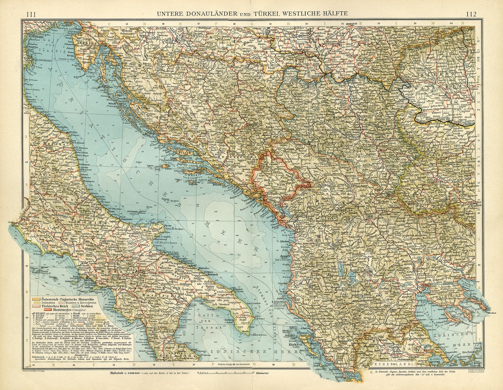 Antique Map-TURKEY-BOSNIA-SERBIA-KOSOVO-CROATIA-ALBANIA-BALKAN-ITALY-Andree-1904