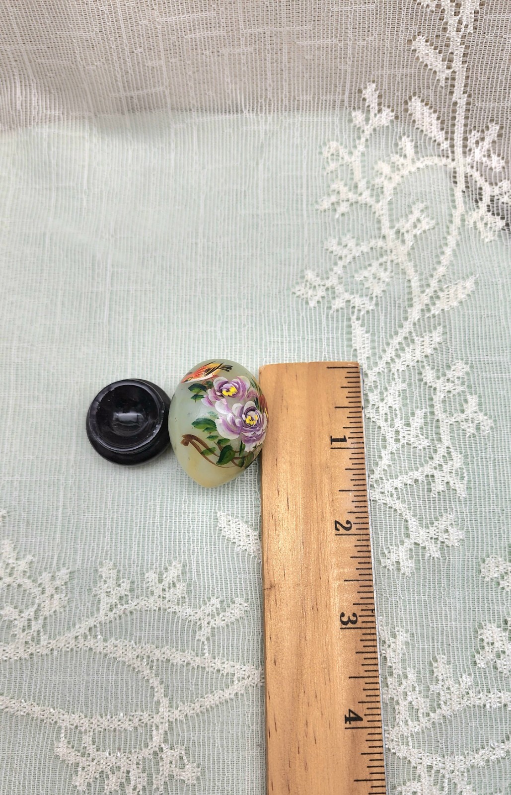 Green Jade Nephrite Hand Painted Quail Egg W/Stand 1.25″