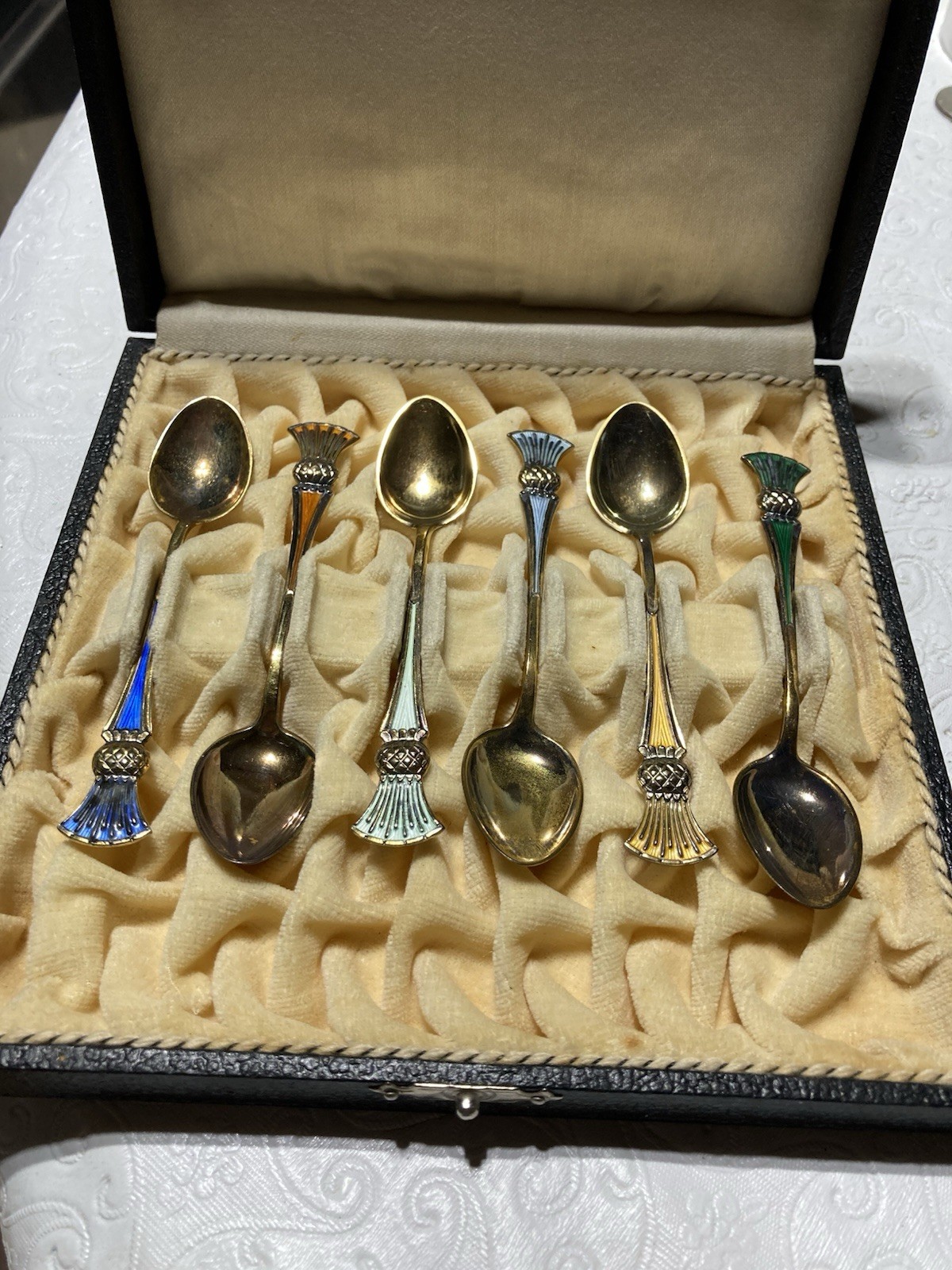 J Tostrup Norway SET of 6 Enamel Demitasse Spoons 925S Presentation Box MINT
