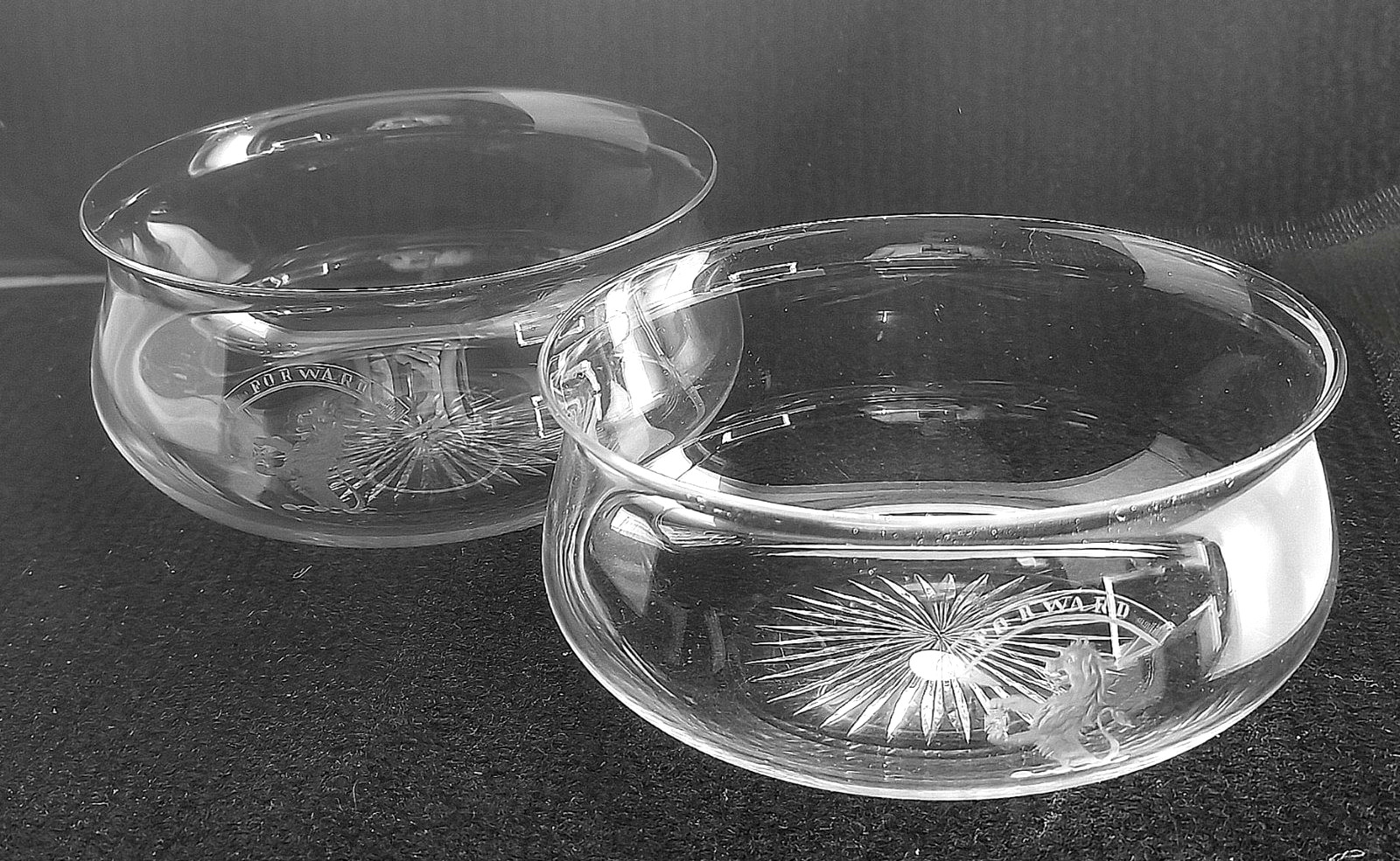 ANTIQUE GLASS FINGER BOWL ENGRAVED ARMORIAL RAMPANT LION SET OF TWO c.1890